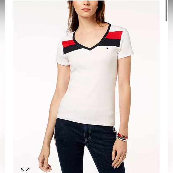 Tommy Hilfiger white logo v-neck top size Medium - Picture 1 of 5